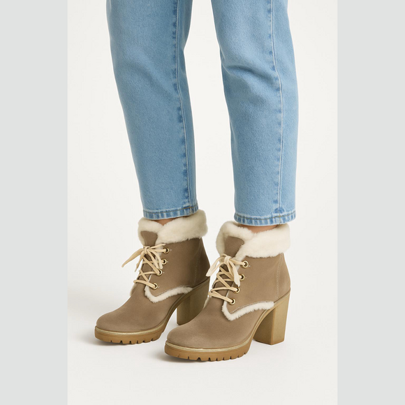 Prada Shoes - Prada Tan Suede Fur Lace Up Heeled Booties